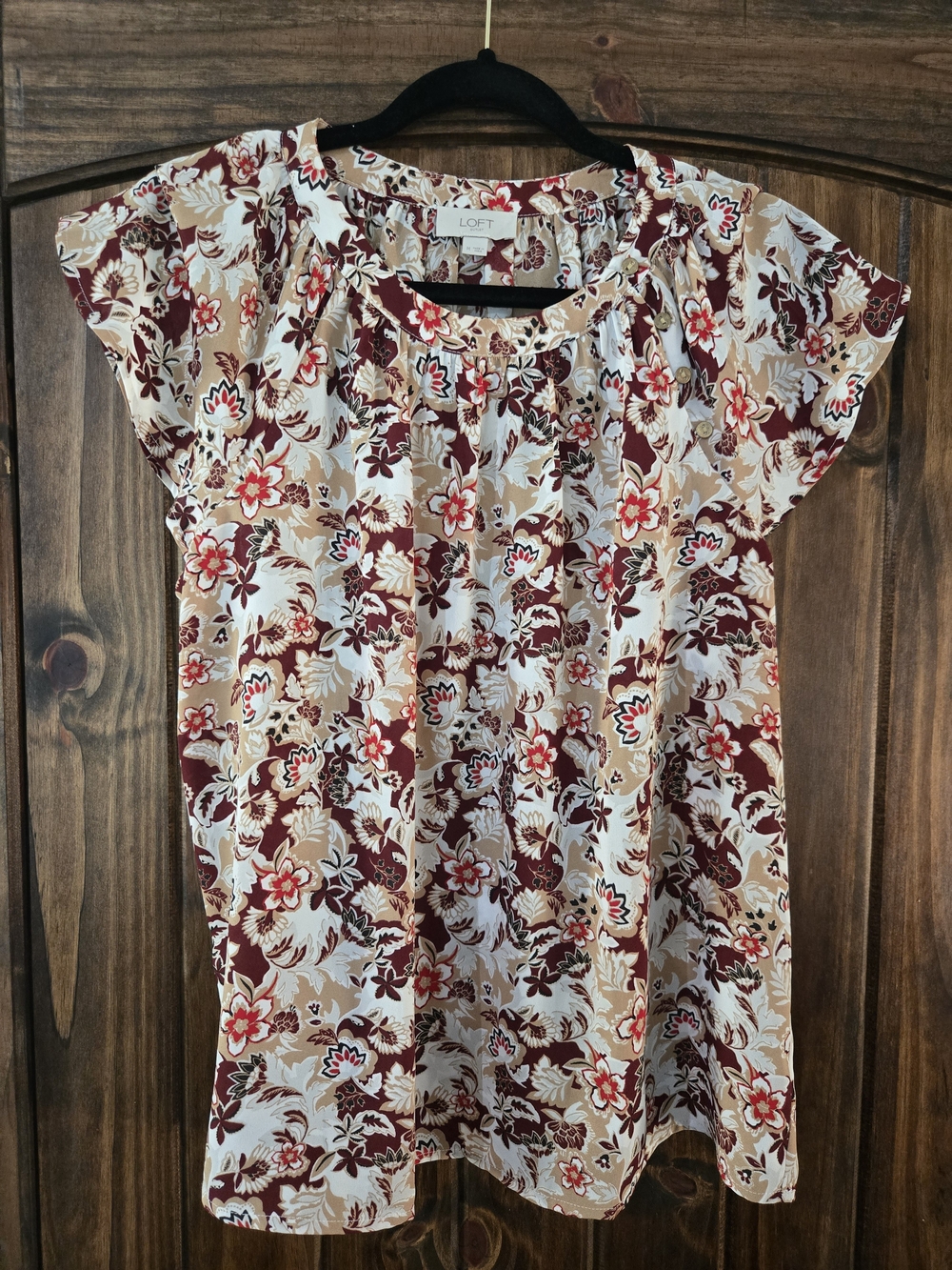 LOFT Floral Cap-Sleeve Blouse in Cream and Burgundy